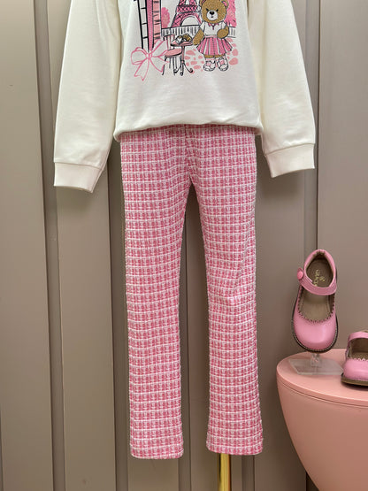 Conjunto Infantil Blusa Ursinha Paris e Legging Malha Tweed Rosa - Momi