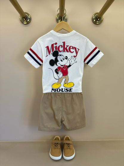 Conjunto Infantil Camiseta Pérola Mickey e Bermuda Sarja Bege - Youccie