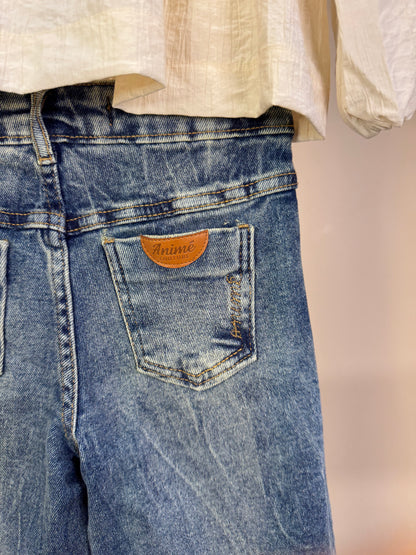 Conjunto Infantil Camisa Renda Bege e Calça Jeans Barra