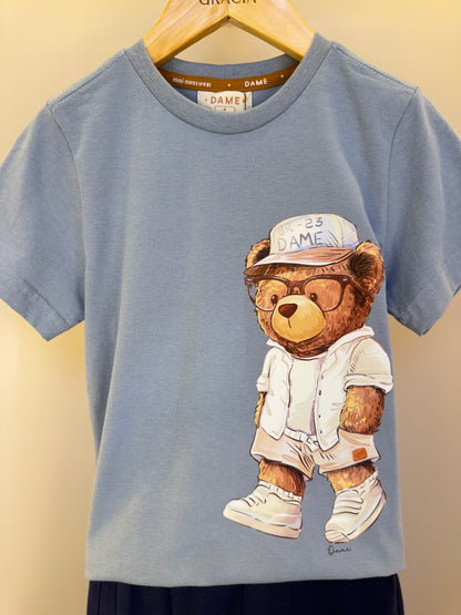 Conjunto Infantil Camiseta Teddy Sumer Delavê e Bermuda Moletom Elastano Elástico Listrado - Dame