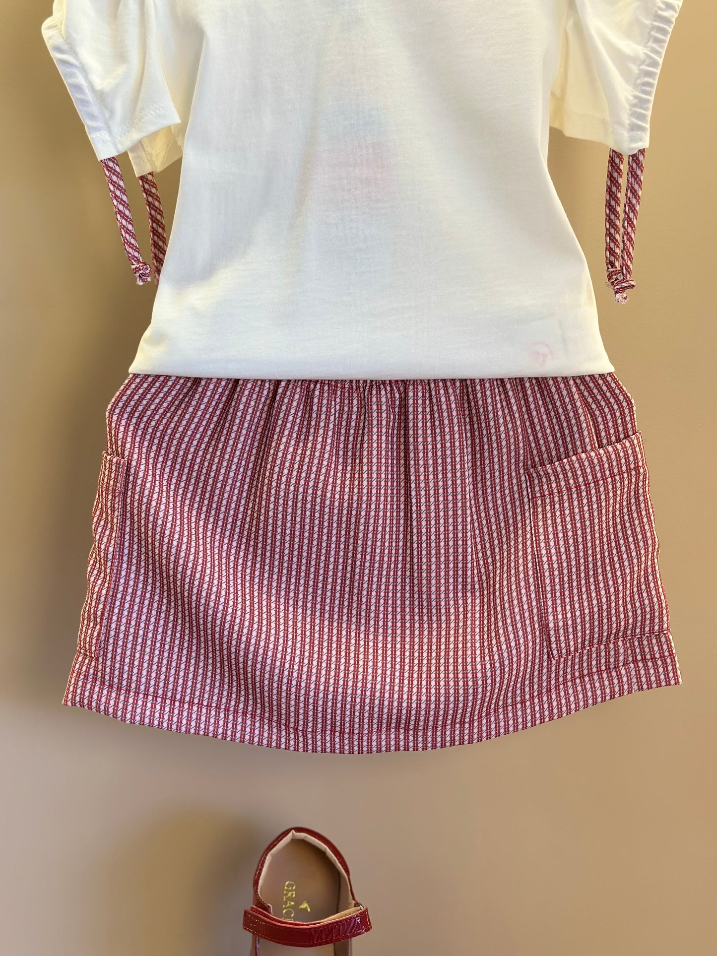 Conjunto Infantil Blusa Algodão Lacinhos Mangas e Saia Sarja Xadrez Vermelho - Beabá