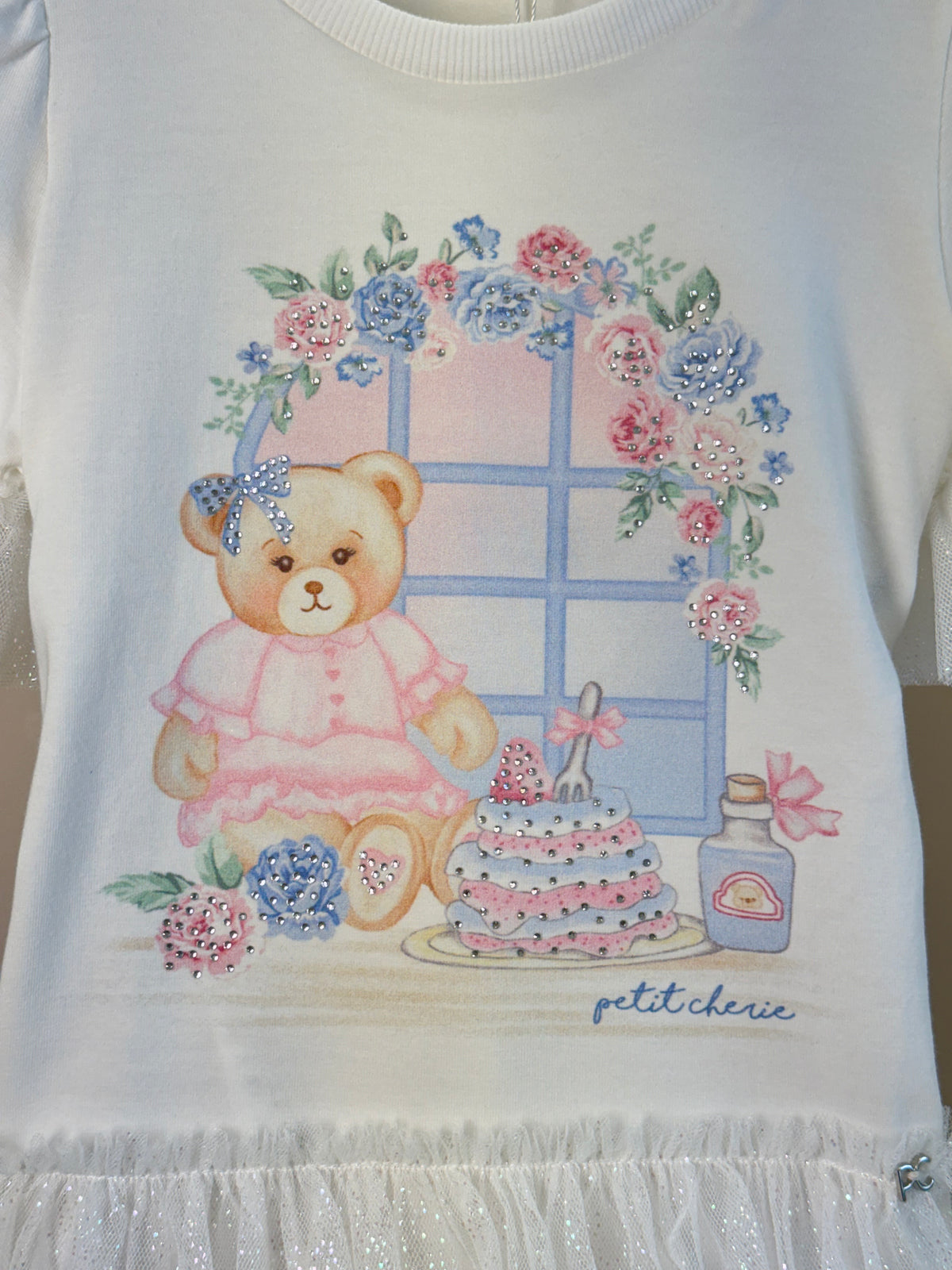 Conjunto Infantil Blusa Mangas Babadinho Em Tule e Calça Legging Estampa Ursinhas - Petit Cherie