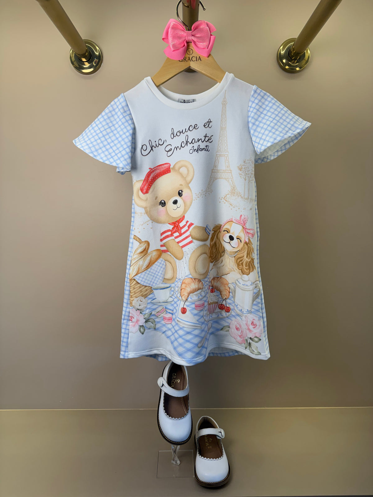 Vestido Infantil Molecotton Ursinho e Mangas Xadrez - Infanti