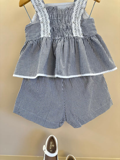 Conjunto Infantil Algodão Blusa Xadrez Renda Bordada e Shorts Xadrez Bordado e Renda - Pituchinhus