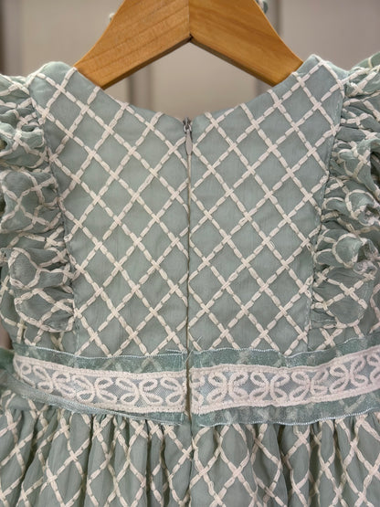 Vestido Bebê Clássico Luxo  Manga Babados e Laços Rendados Verde - Roana