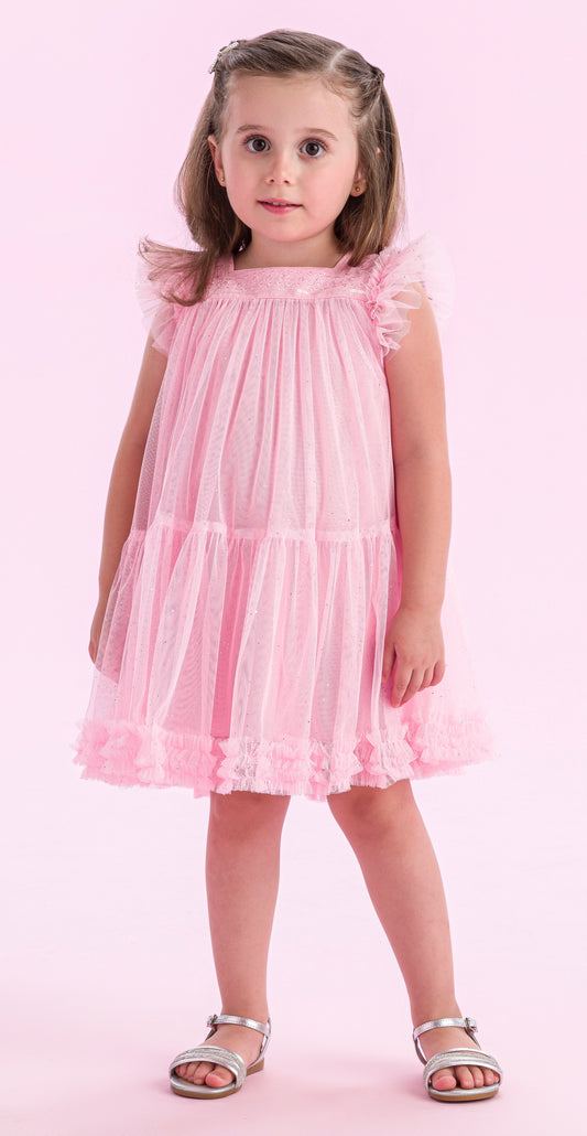 Vestido Infantil Trapézio Tule Glitter Bordado Rosa Baby - Petit Cherie