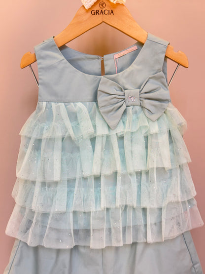 Conjunto Infantil Tricoline Blusa com Tule e Shorts - Petit Cherie