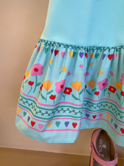 Vestido Infantil Tricoline Barrado Flores e Corações - Mon Sucre