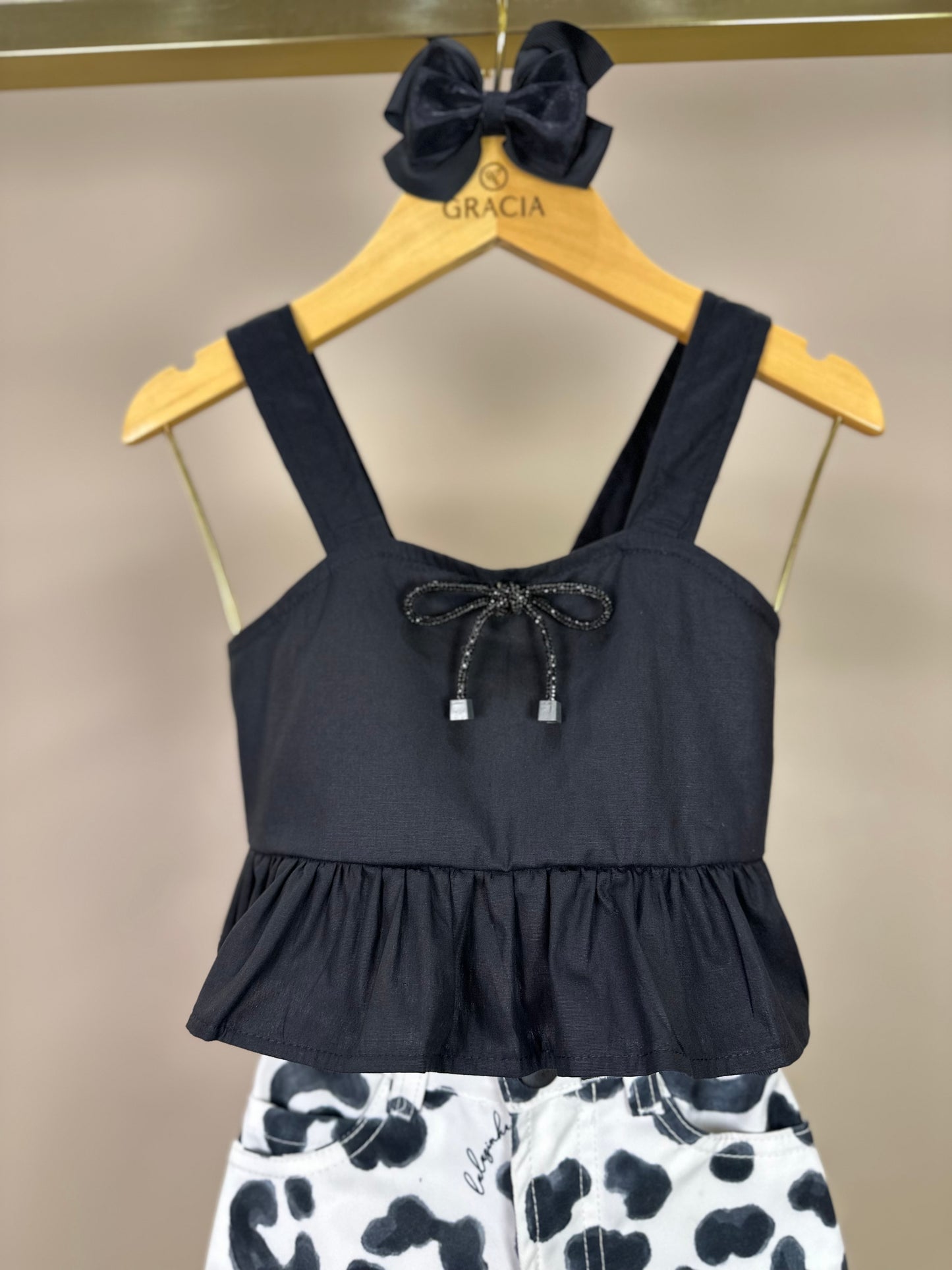 Conjunto Infantil Blusa Peplum Lacinho e Calça Sarja Animal Print P&B - Luluzinha