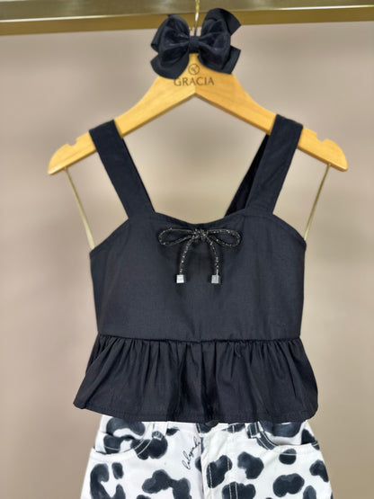 Conjunto Infantil Blusa Peplum Lacinho e Calça Sarja Animal Print P&B - Luluzinha