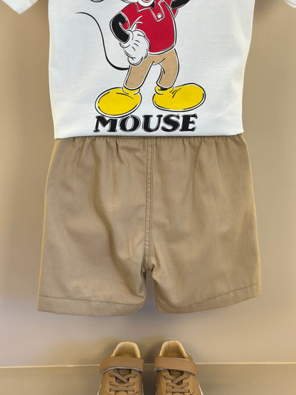 Conjunto Infantil Camiseta Pérola Mickey e Bermuda Sarja Bege - Youccie