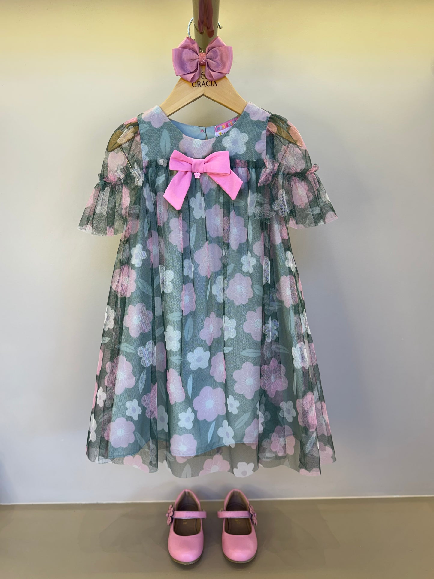 Vestido Infantil Trapézio Tule Estampado Flores - Mon Sucre