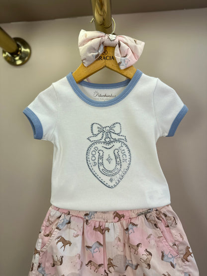 Conjunto Infantil Blusa Rib Good Luck Bordada e Shorts Rosa Estampa Cavalinhos - Pituchinhus