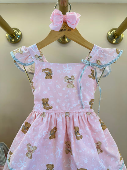 Vestido Infantil Algodão Estampa Ursinhos  Com Babados - Pituchinhus