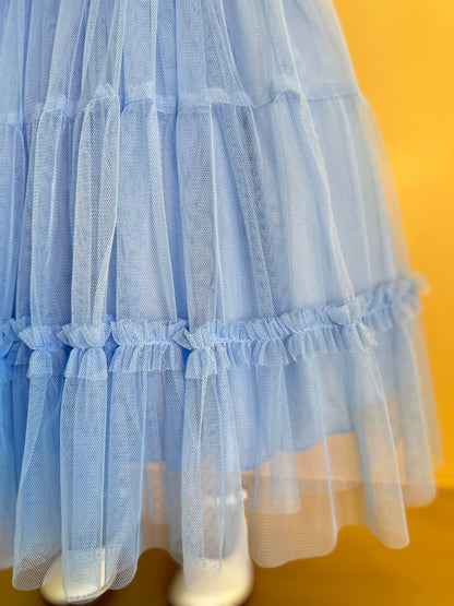 Vestido Infantil Tule Bordado Corações e Laço Frontal Azul Baby - Petit Cherie