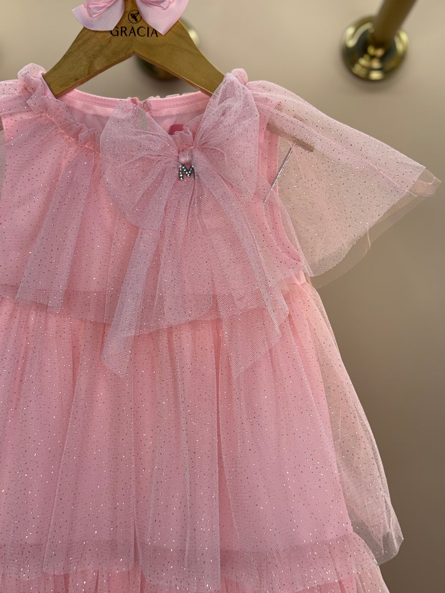 Vestido Infantil Tule Babados & Laço Rosa - Momi