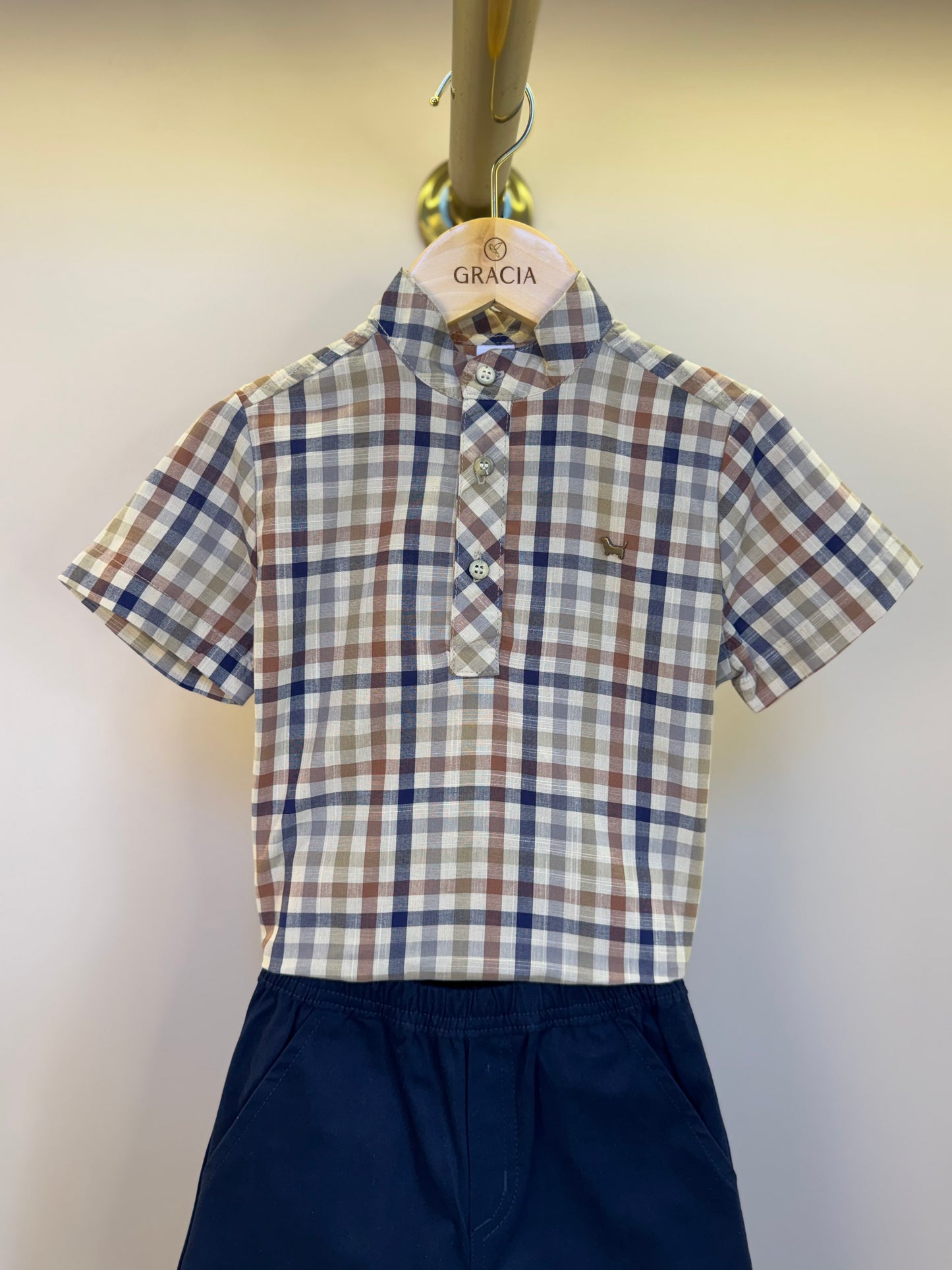Conjunto Infantil Camisa Gola Padre Xadrez Fio Tinto e Bermuda Sarja Marinho - Um Mais Um