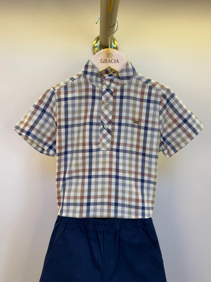 Conjunto Infantil Camisa Gola Padre Xadrez Fio Tinto e Bermuda Sarja Marinho - Um Mais Um