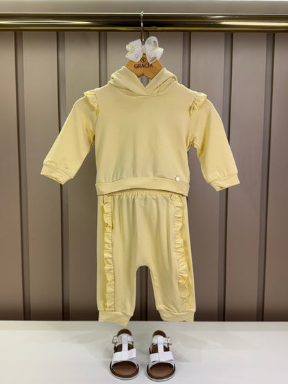 Conjunto Bebê Abrigo  Com Capuz E Calça  Com Babadinhos Amarelo - Um Mais Um