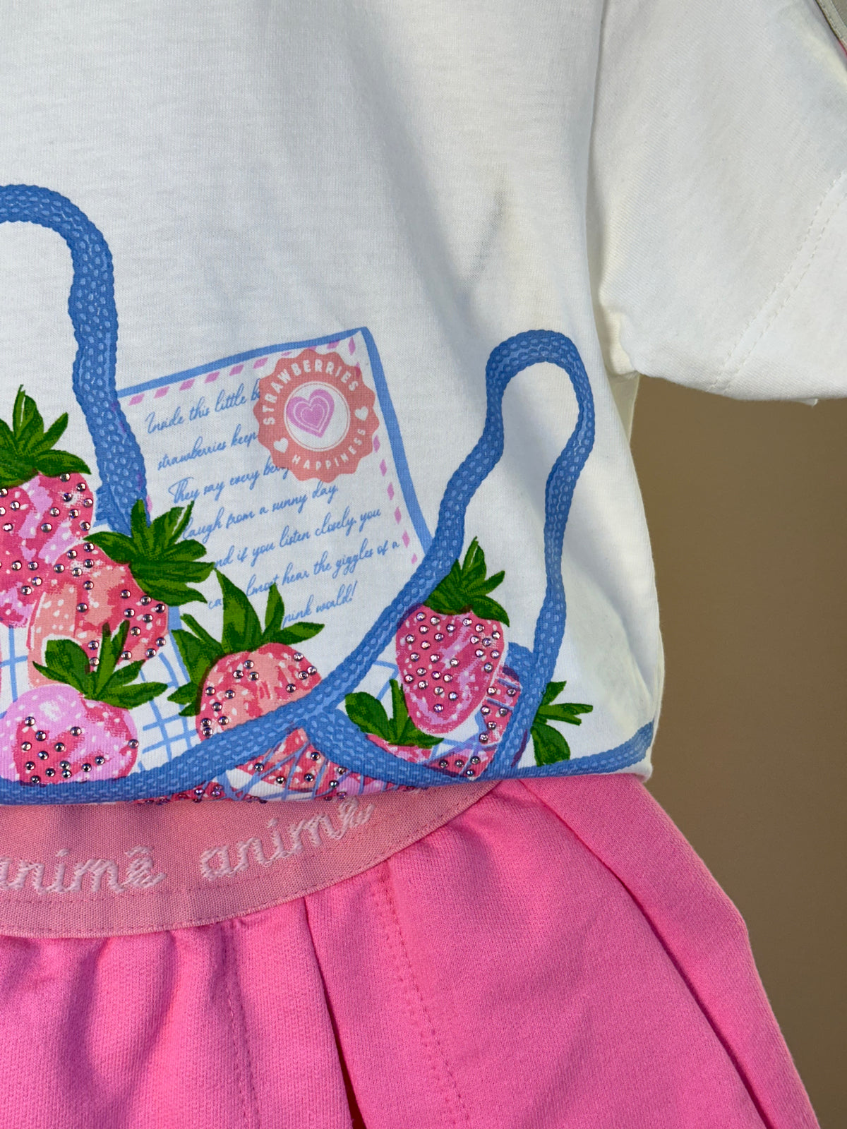 Conjunto Infantil T - Shirt Estampa Strawberry e Shorts Saia Rosa - Animê