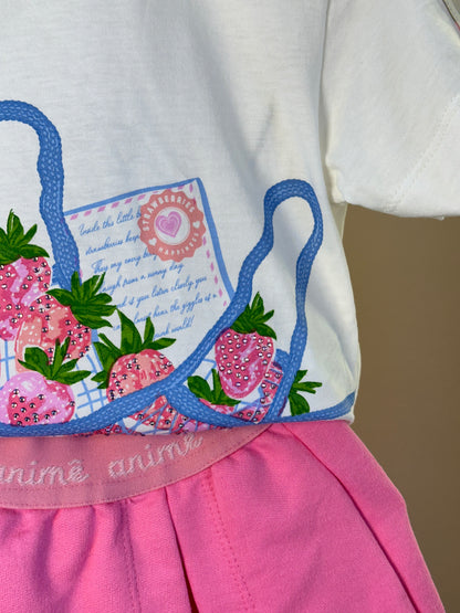 Conjunto Infantil T - Shirt Estampa Strawberry e Shorts Saia Rosa - Animê