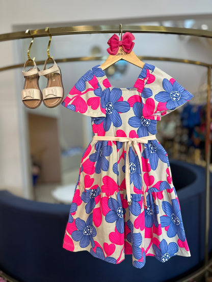 Vestido Infantil Mangas Amplas Flores Azuis - Animê