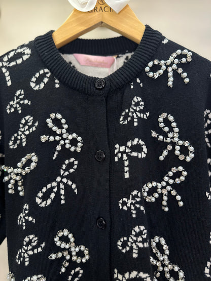 Casaco Infantil Tricot Lacinhos Bordados Pérolas e Cristais Preto - Pituchinhus