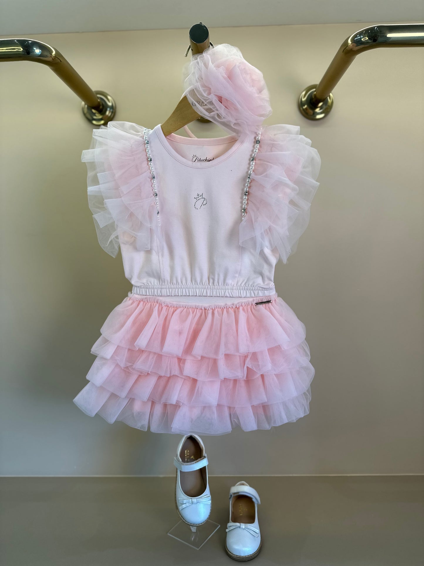 Conjunto Infantil Blusa Tule Bordado e Saia Babados Rosa Gelado - Pituchinhus