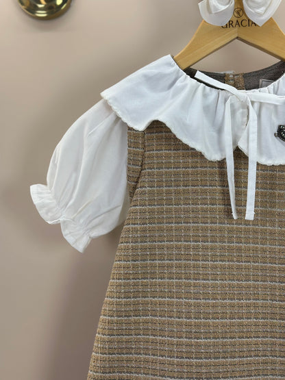 Vestido Infantil Manga Curta Tweed Xadrez Bege - Animê Petite