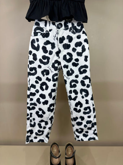 Conjunto Infantil Blusa Peplum Lacinho e Calça Sarja Animal Print P&B - Luluzinha