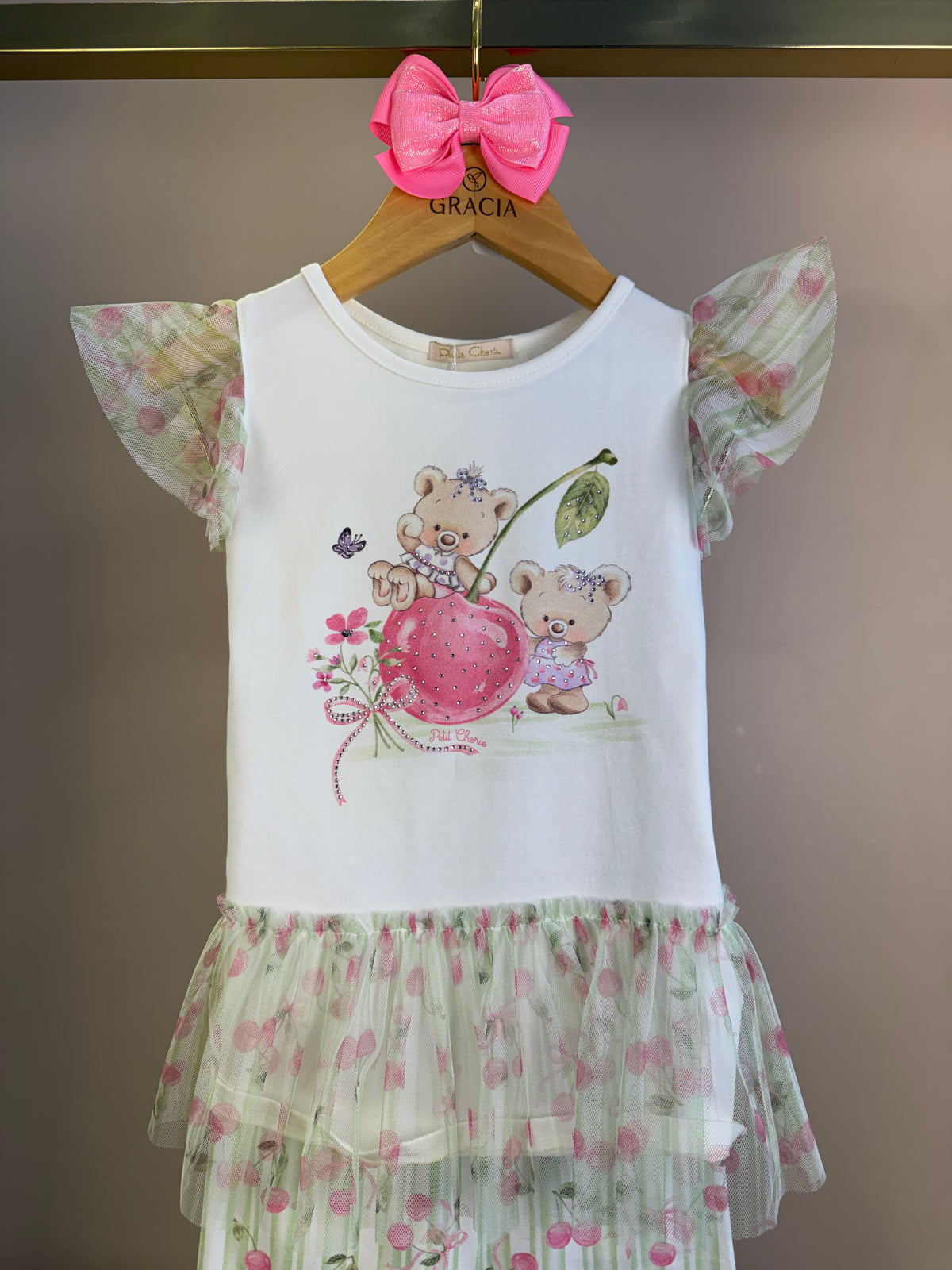 Conjunto Infantil Blusa Ursinha Em Tule e Calça Legging Cerejas - Petit Cherie