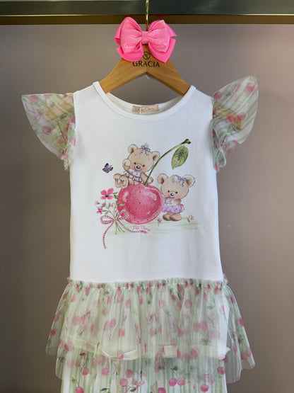 Conjunto Infantil Blusa Ursinha Em Tule e Calça Legging Cerejas - Petit Cherie
