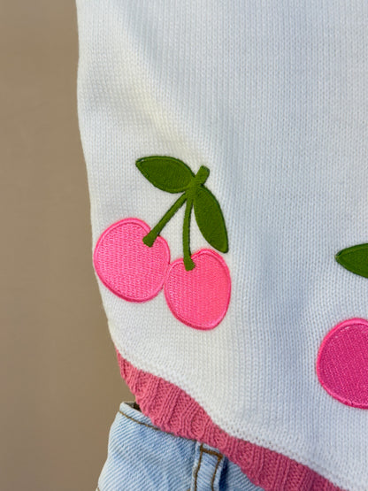 Conjunto Infantil Blusa Infantil Tricot Cerejas e  Shorts Jeans Com Pingente - Momi
