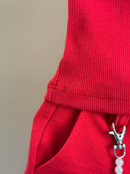 Conjunto Infantil Vermelho Blusa Com Strass e Shorts Moletom Acessório de Urso - Luluzinha