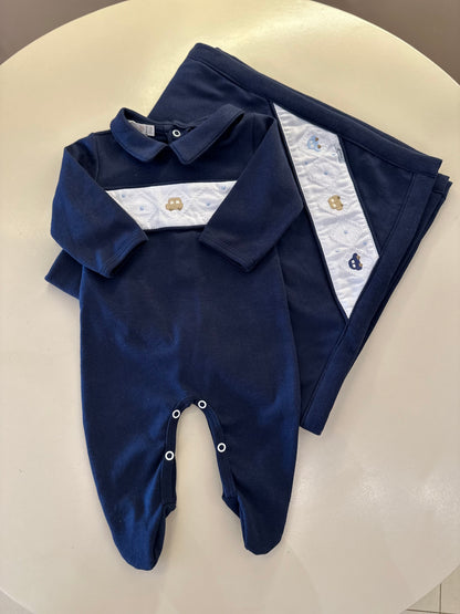 Saída de Maternidade Algodão Marinho Carrinhos Bordados - Roana