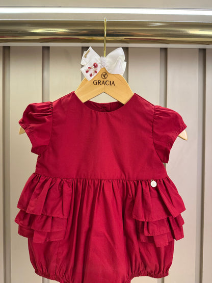 Romper Bebê Fofinho Tricoline Babados Vermelha - Um Mais Um