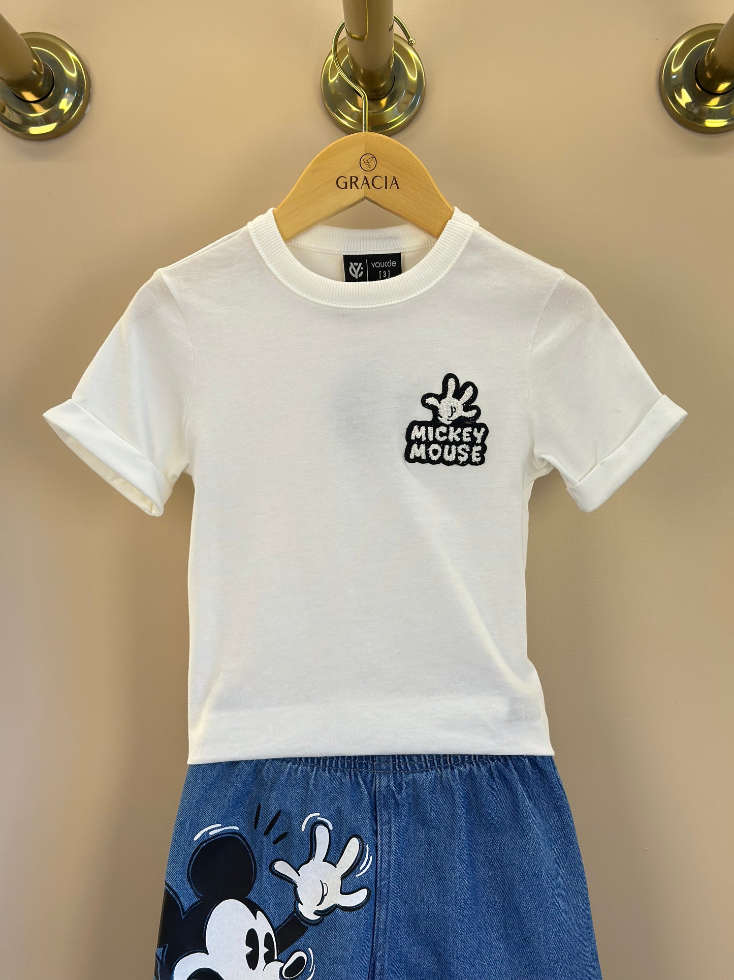 Conjunto Infantil Camiseta Mickey Pérola e Bermuda Jeans Mickey - Youccie