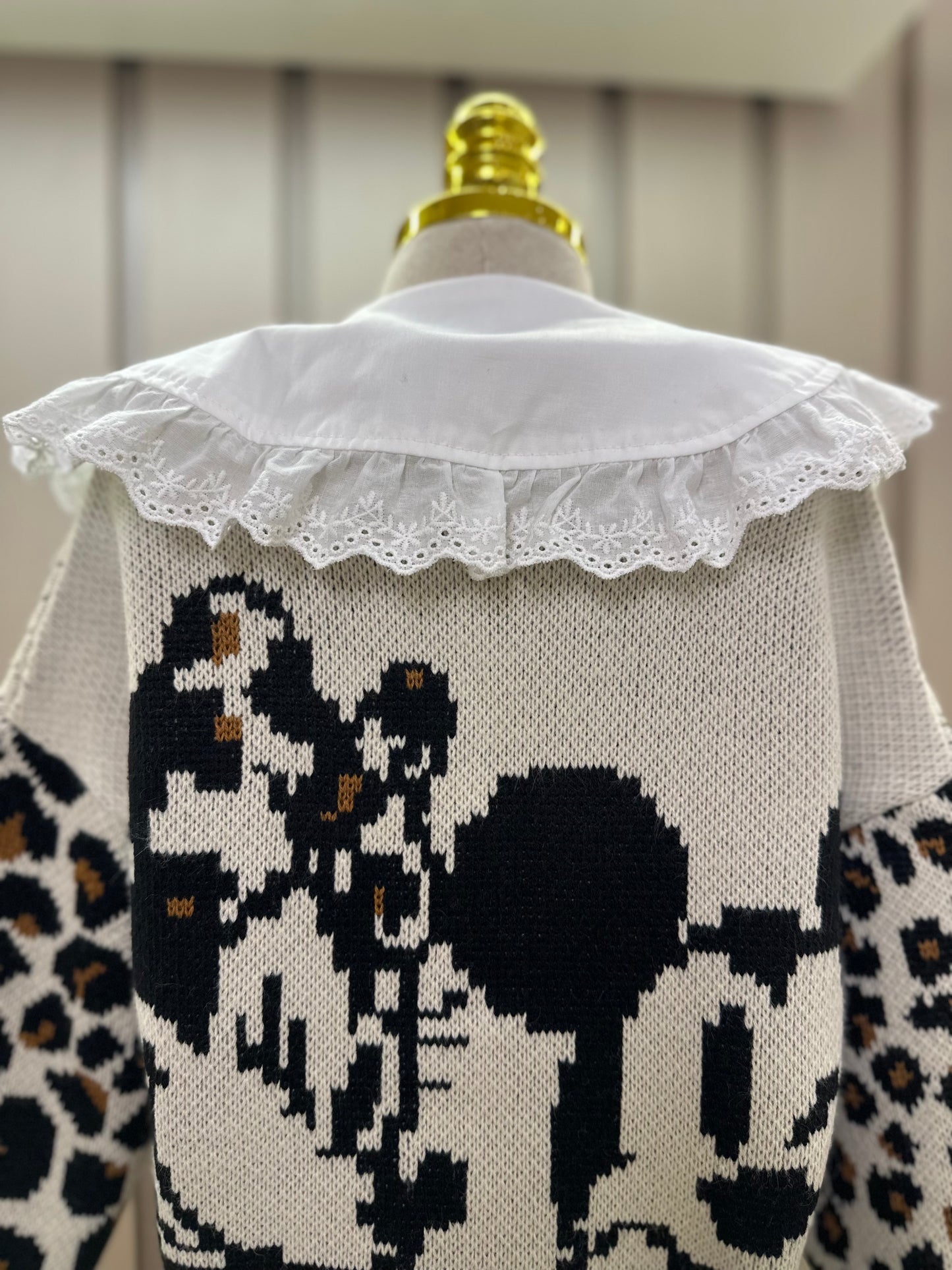 Conjunto Infantil Trio Tricot Minnie Animal Print, Camisa Gola Babados Rendas e Calça Montaria com Pezinho Preta - Animê