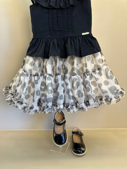 Conjunto Infantil Blusa Peplum Babadinho e Saia Rodada Tule Animal Print P&B - Luluzinha