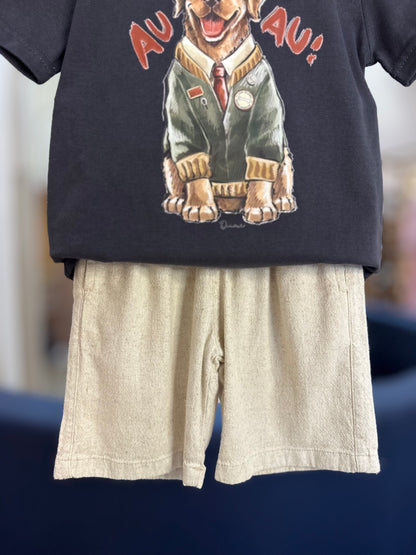 Conjunto Infantil Camiseta Cachorro Golden Grafite e Bermuda Linho Elastano Bege - Dame