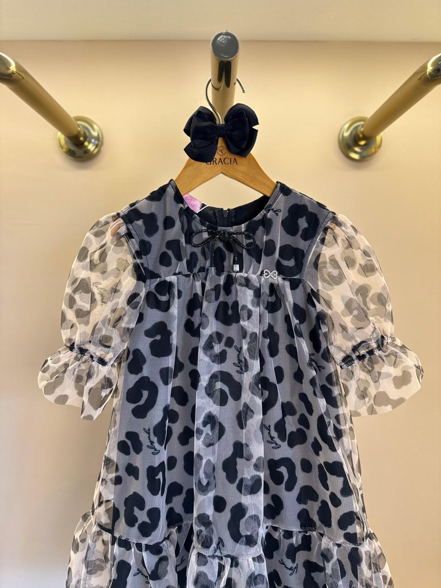 Vestido Infantil Rodado Tule Esclusivo Animal Print Aplicação Laço Strass - Luluzinha