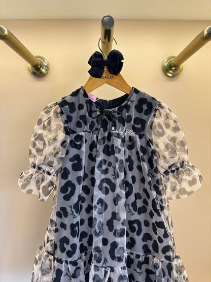 Vestido Infantil Rodado Tule Esclusivo Animal Print Aplicação Laço Strass - Luluzinha