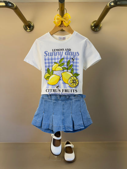Conjunto Infantil Blusa Limões Com Strass e Shorts Saia Jeans Com Pregas - Momi