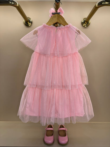 Vestido Infantil Tule Babados & Laço Rosa - Momi