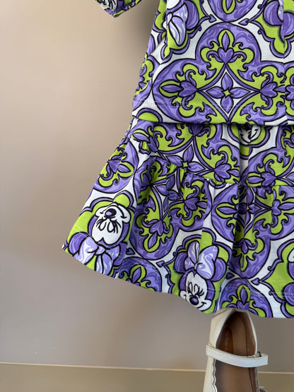 Conjunto Infantil Blusa Minnie Mouse Flores e Arabescos Lilás e Saia - Animê