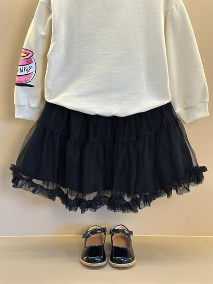 Conjunto Infantil Casacol Moletom Pooh Bege Vanilla e Saia Tule Preta - Animê Petite