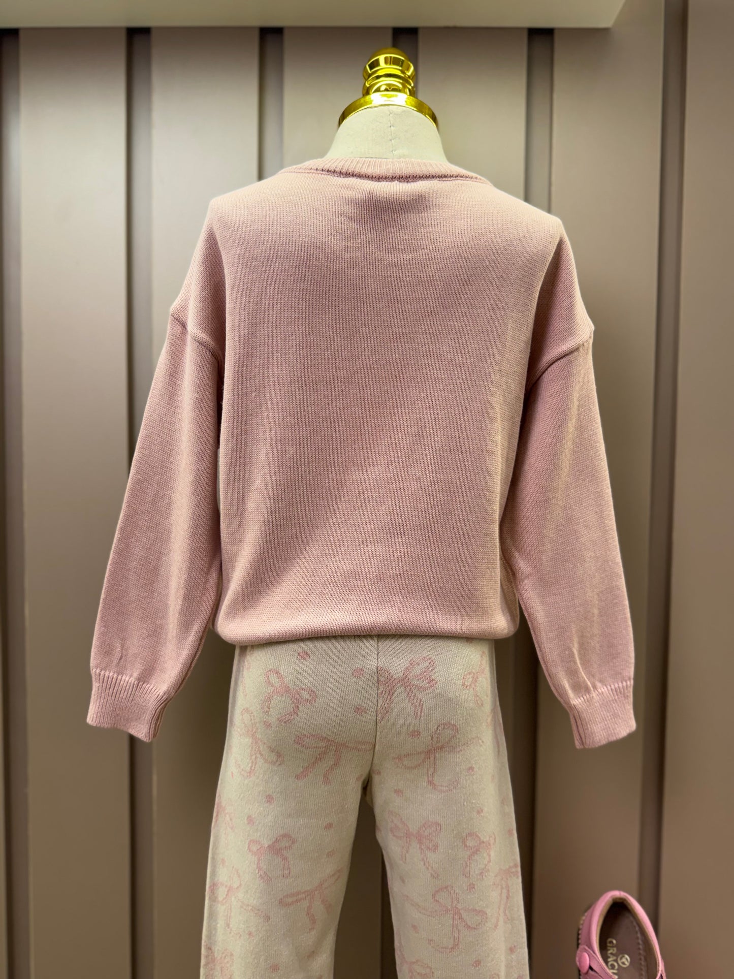 Conjunto Infantil Tricot Blusa Maxi Laço Cristais Rosa Dolce e Legging Jacquard Multi-laços Ninive - Pituchinhus