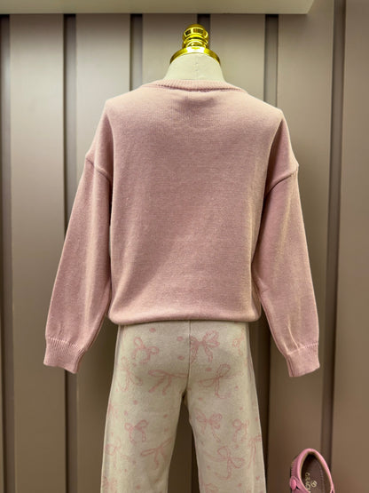 Conjunto Infantil Tricot Blusa Maxi Laço Cristais Rosa Dolce e Legging Jacquard Multi-laços Ninive - Pituchinhus