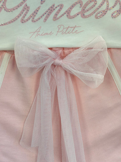 Conjunto Infantil Blusa Perolada Ballet Core Shorts e Laço Rosa - Animê Petite