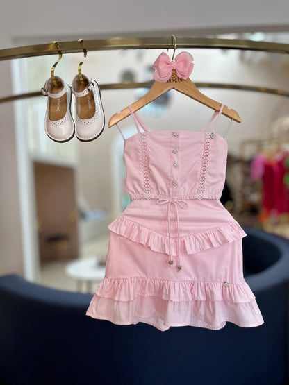 Conjunto Infantil Blusa e Saia-short de Algodão Entremeio em Renda Rosa - Um Mais Um